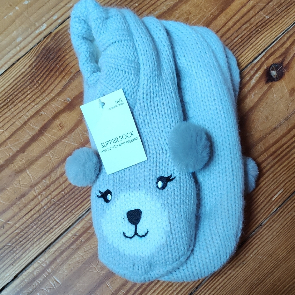 Cozy Light Gray Bear Slipper Socks for Women